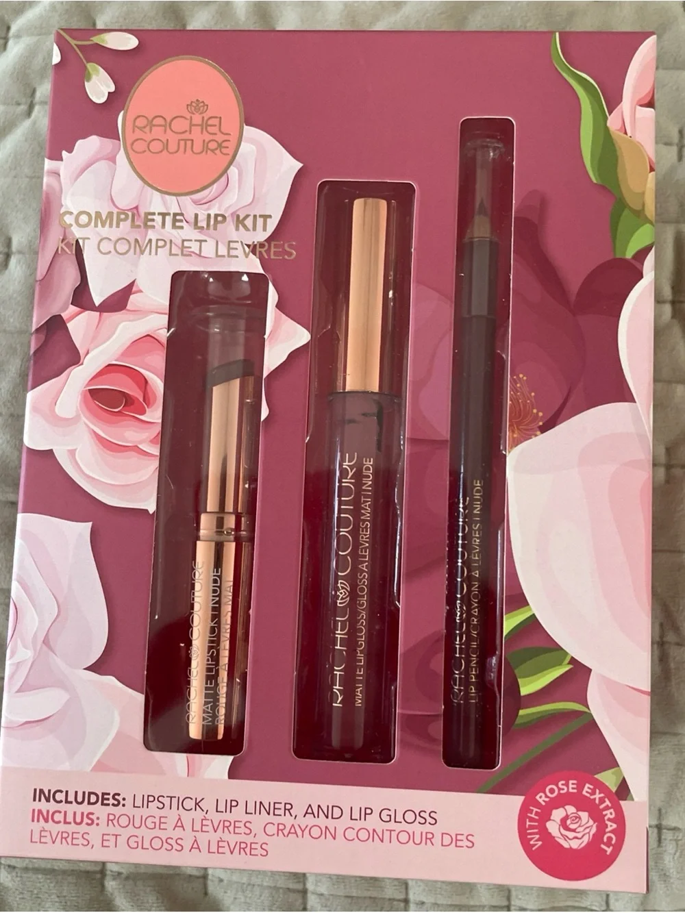 Lot of 3 Complete Lip Kit — Rose, nude and mood lipstick, gloss & liner